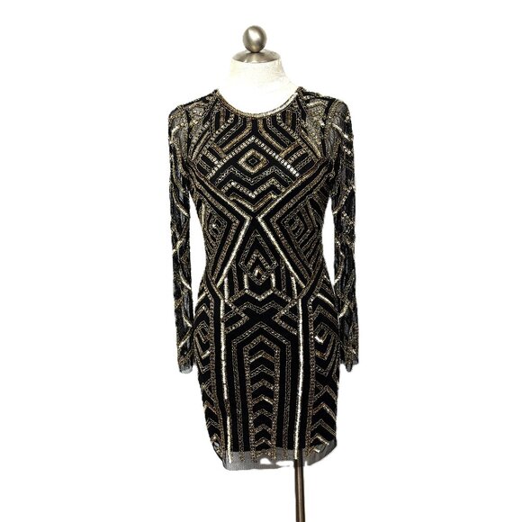 AIDAN by Aidan Mattox Gold on Black Sequin Sheath Cocktail Dress Size 4 - Picture 1 of 16